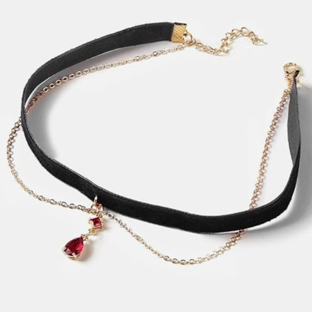 Gothic Red Stone V Leather Choker with Chain